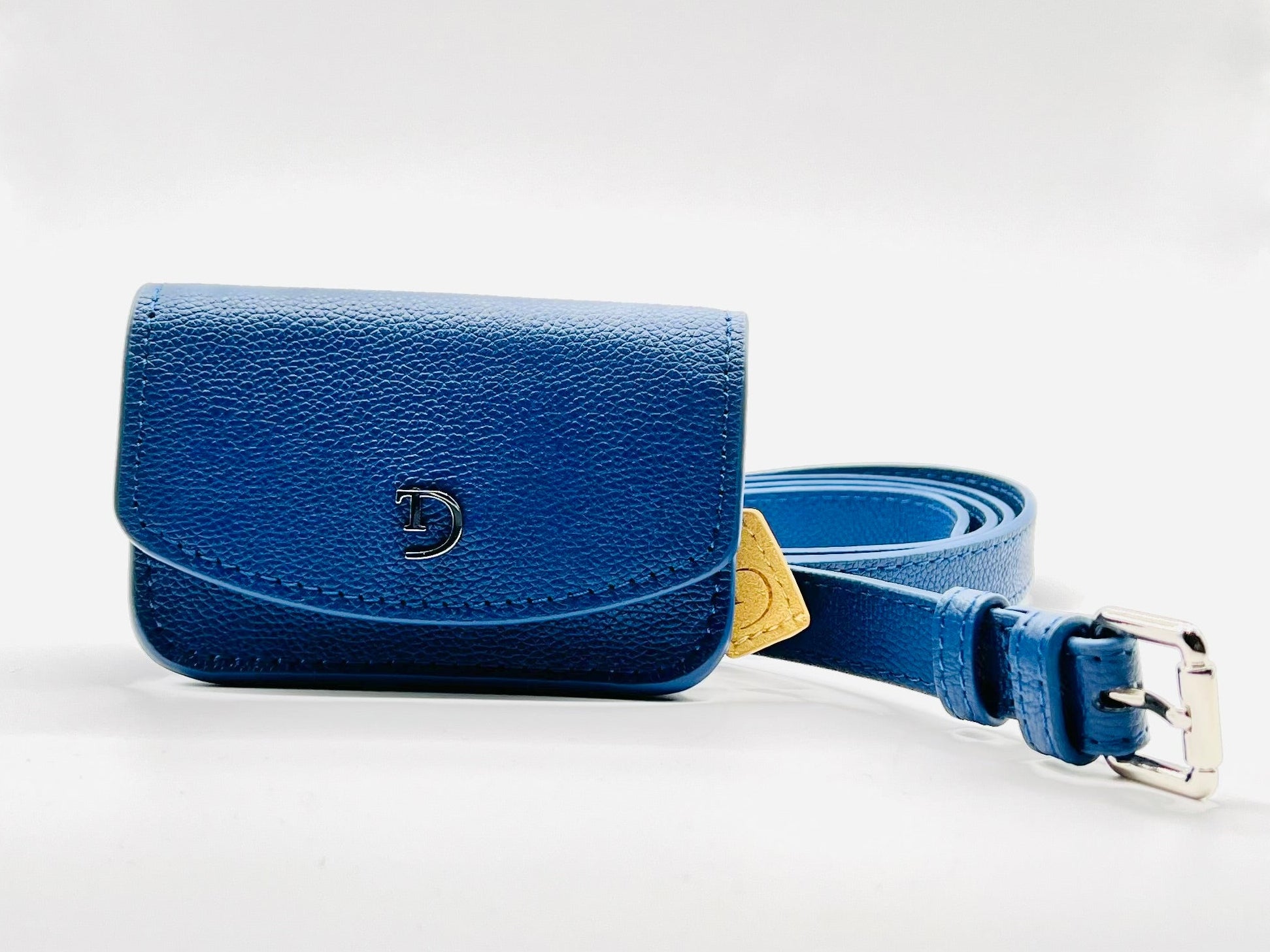 Navy Blue leren heuptasje voor insulinepomp inclusief riem - Beige Suède voering